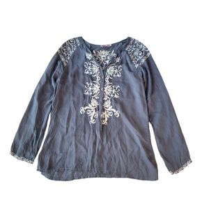 Johnny Was Embroidered Half Button Up Blouse Gray Small